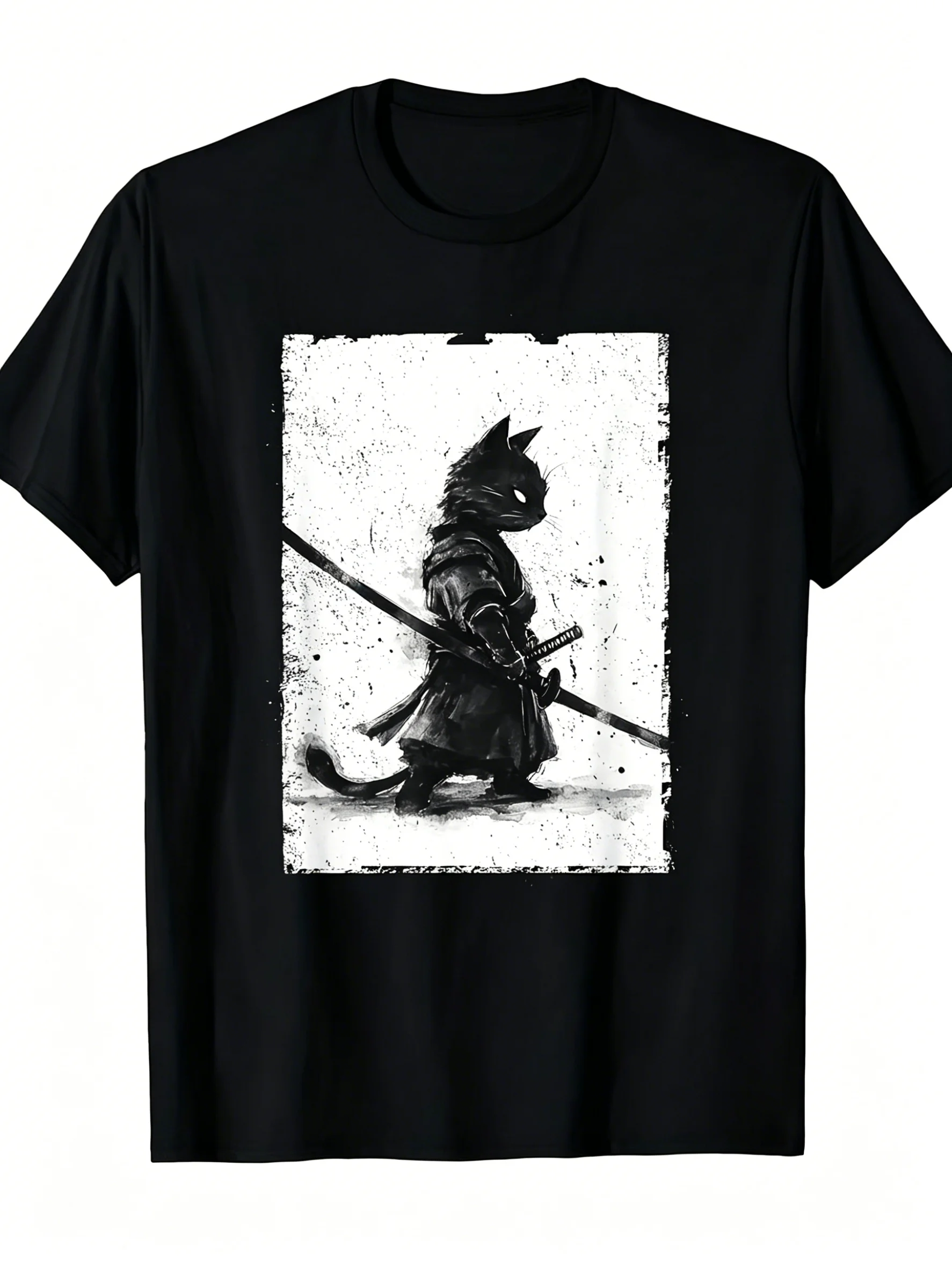 Interesting Men's Retro Ukiyo-e Style Samurai Cat Theme Cott