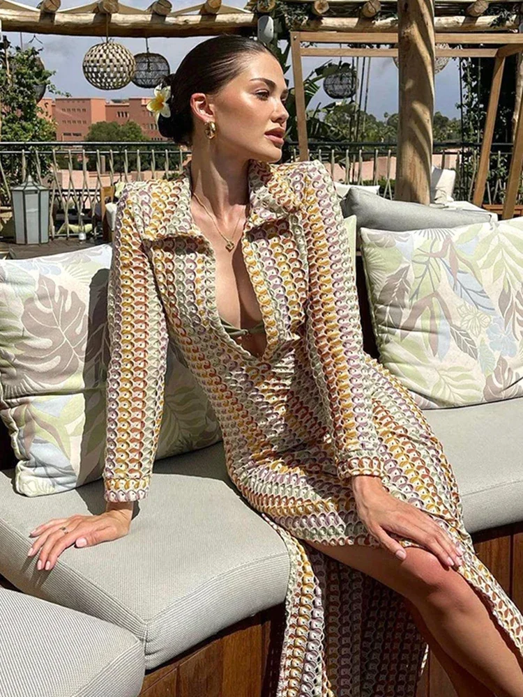 2024 wanita elegan Crochet seksi melihat melalui gaun Maxi Bodycon lengan panjang cover-up baju renang pantai rajut penutup A2819