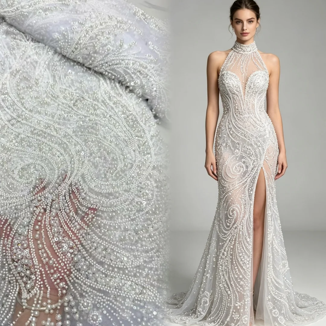 African Lace Fabric 2026 Handmade Beaded Lace Fabric France Sequins Nigerian Embroidery Bridal Mesh Lace Fabric For Sewing AT289