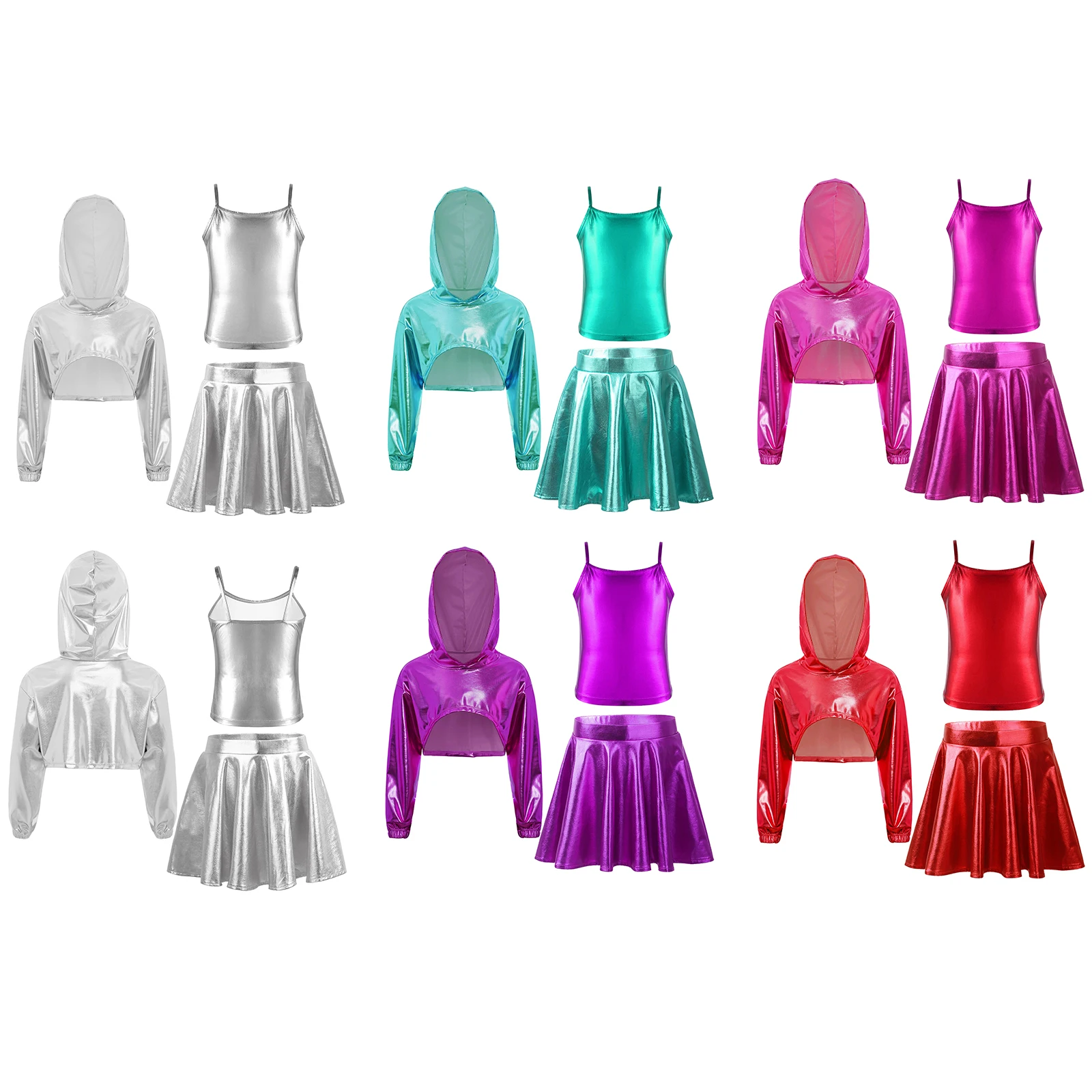 Kids Girls Metallic Fashion Clothes Set Asymmetrical Hem Cropped Hoodie+Vest+Flared Skirt Hip-hop Jazz Dance Performance Outfit