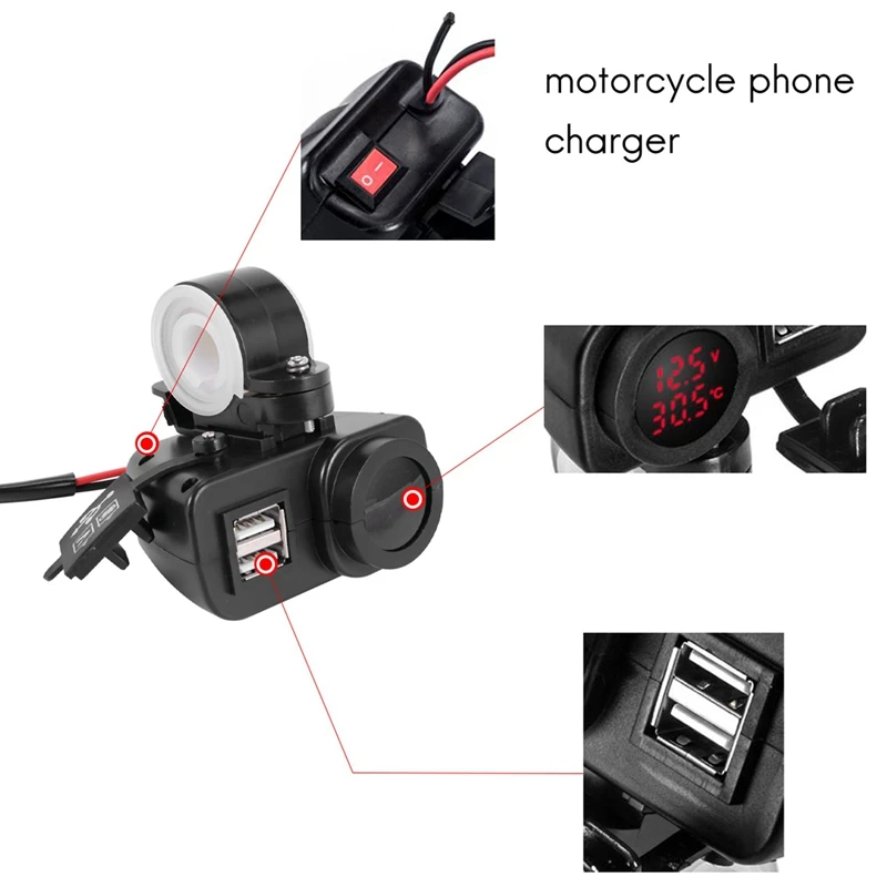 Cargador USB para motocicleta con voltímetro, termómetro con pantalla LED, 2.1A, 12V, 2 uds.