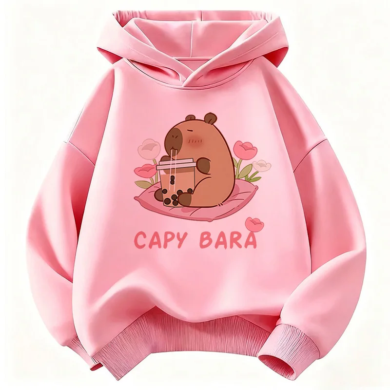 Casual Hoodies for Boys and Girls – Cute Capybara Drinking Juice Print – Warm School-Ready Pullover for Spring and Autumn