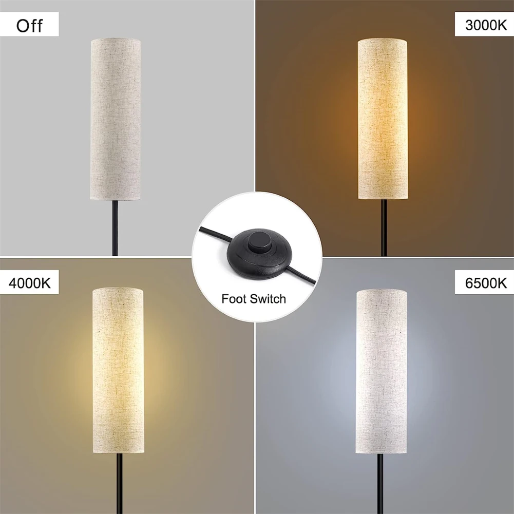 LED Floor Lamp With Foot Switch 3 Color Dimmable 9W E27 Light Bulb Linen Lampshade For Decoration Bedroom Living Room Office