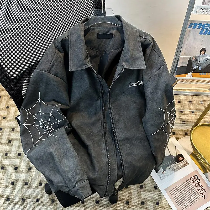 

Мужская мотоциклетная куртка в американском ретро-стиле, свободного кроя, с воротником, уличный стиль, с вышивкой, весенняя верхняя одежда