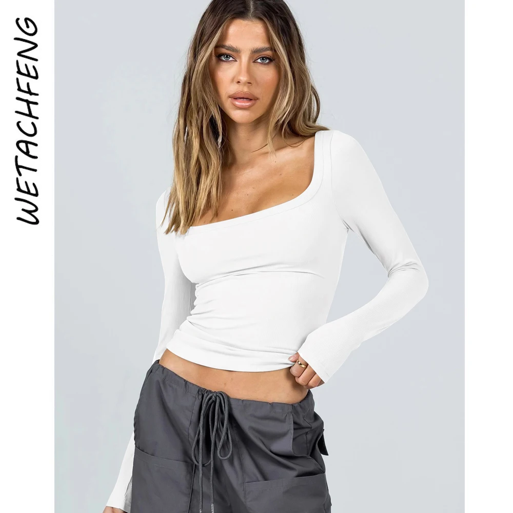 Sexy Ski Tops T Shirts White Women Clothing Knit Ribbed Long Sleeve U Collar Skinny Crop Tops 2023 Fashion Bodycon Base Tops