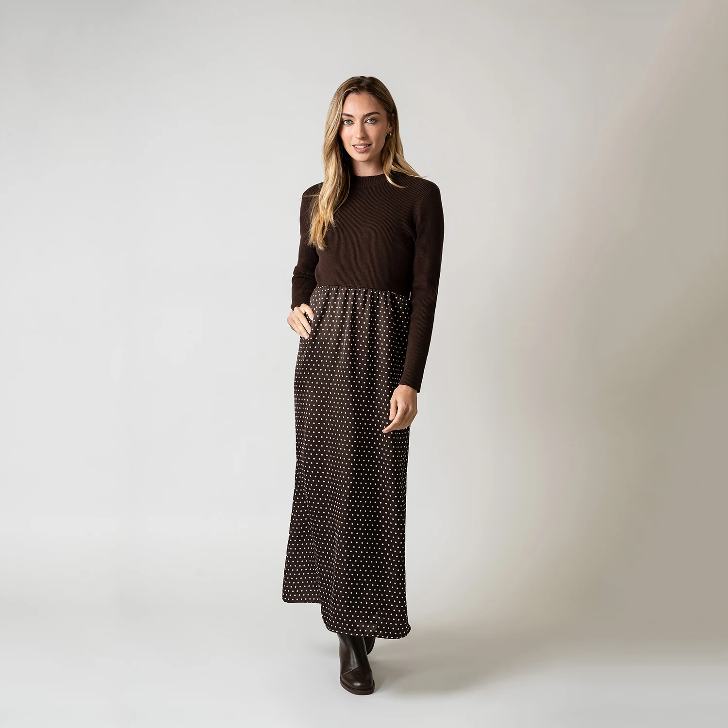 AP AW26 Women Knitting and Polka Dots Satin Skirt Patchwork Dress