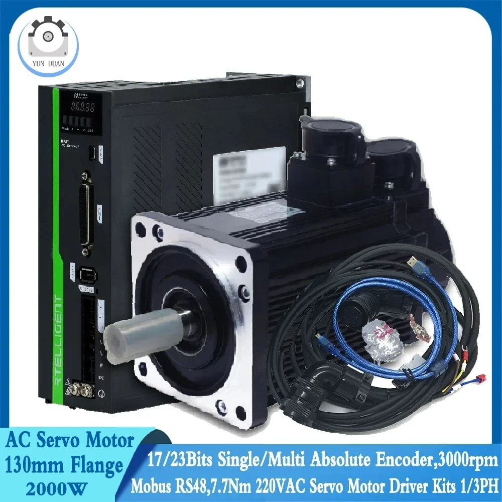 

220V AC Servo Motor 2000W 130mm 17/23bit Single Multi Absolute Encoder Servo Driver Motor 2KW 2500RPM 7.7NM.Modbus RS485 1PH/3PH