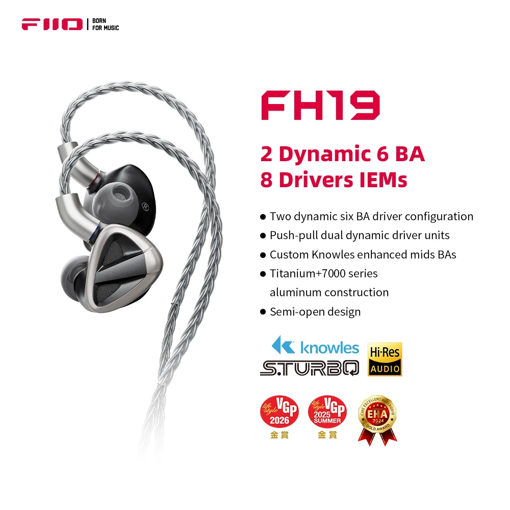 FiiO FH19 HiFi IEM Earphone| 2 Dynamic+ 6 BA Hybrid Driver IEM, Detachable MMCX Headphone Cable for Musician Audiophile