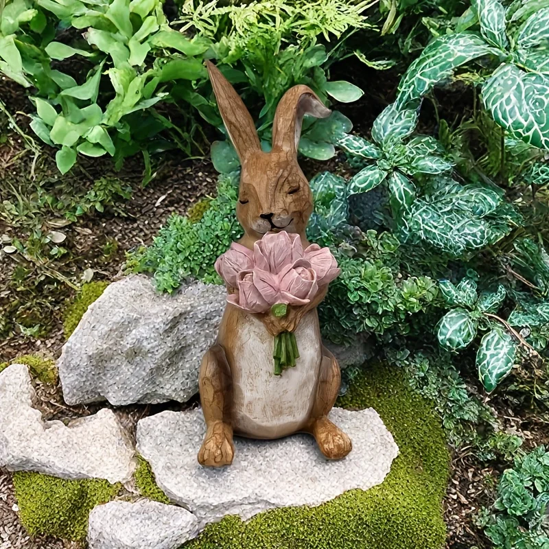 

Vintage Rabbit Bouquet Resin Decoration - Coffee Easter Garden Lawn Ornament, Waterproof Outdoor Craft Gift