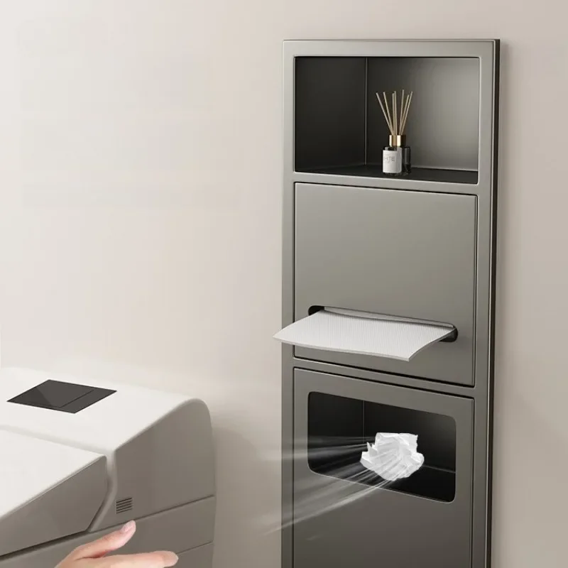 Stainless Steel Bathroom Niche Concealed With Door Embedded Bathroom Niche Trash Can Multi-layer Storage Rack Tissue Boxes