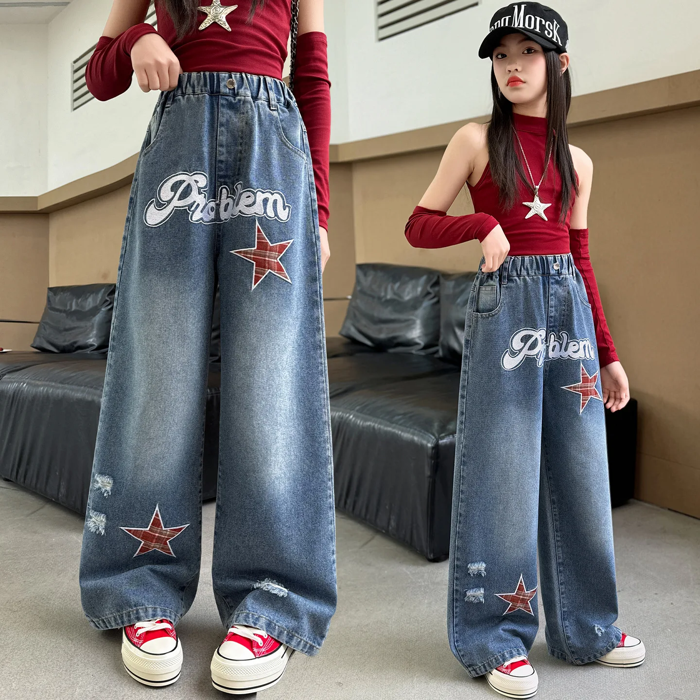 

Fashion Children Loose Fit Jeans with Letter star embroidery for Teenage Girls Elegant Denim Pants Kids straight-leg Trousers