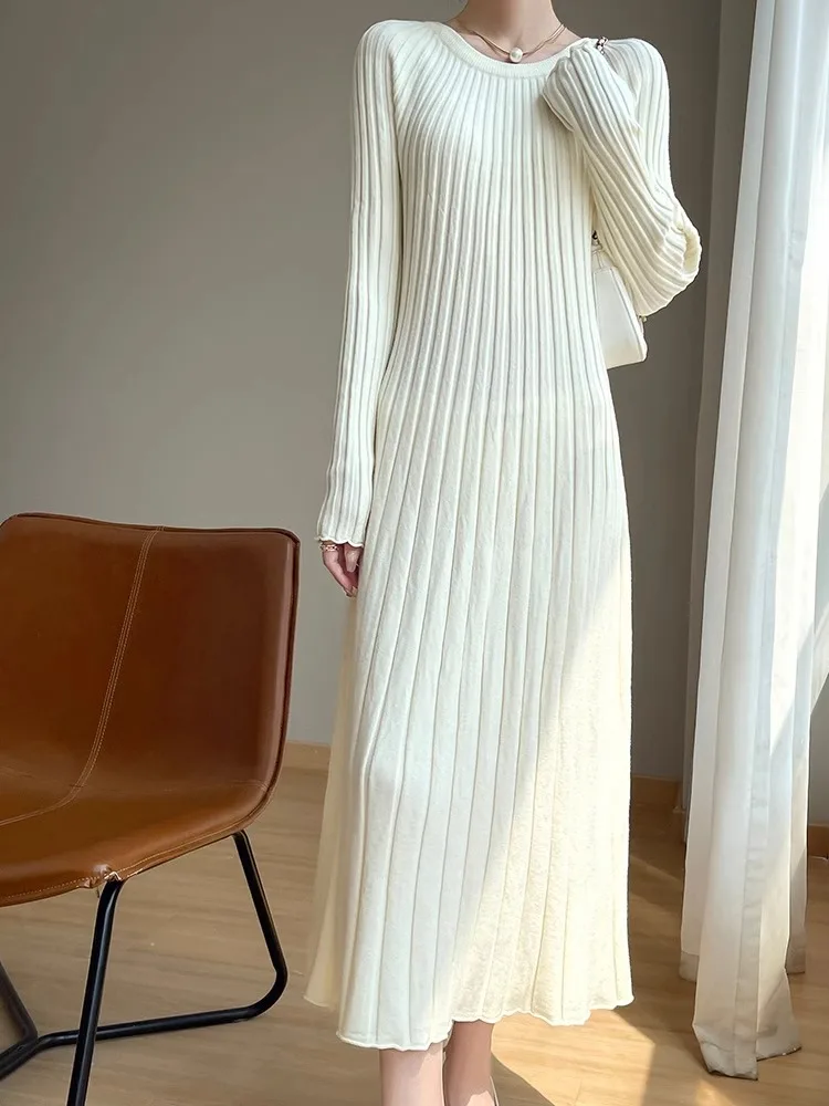 Longo sve malha dr feminino outono inverno novo sle ele cintura cinched camada base redonda ne camisola dr para casaco