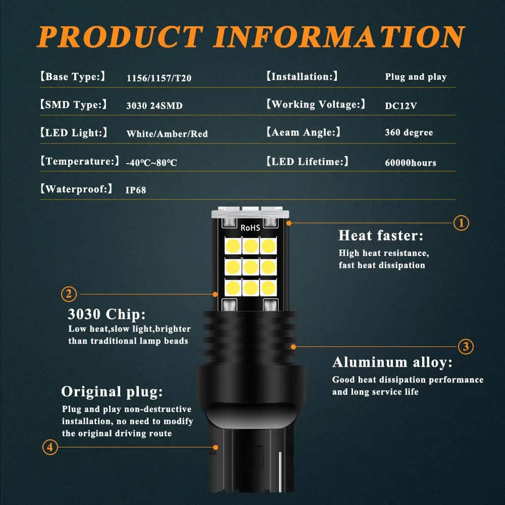2Pcs T20 7440 Led Turn Signal Light W21W Reverse Light Bulb 3030SMD Universal Car 7443 W21/5W Amber Red Led Brake Light 12V image 2