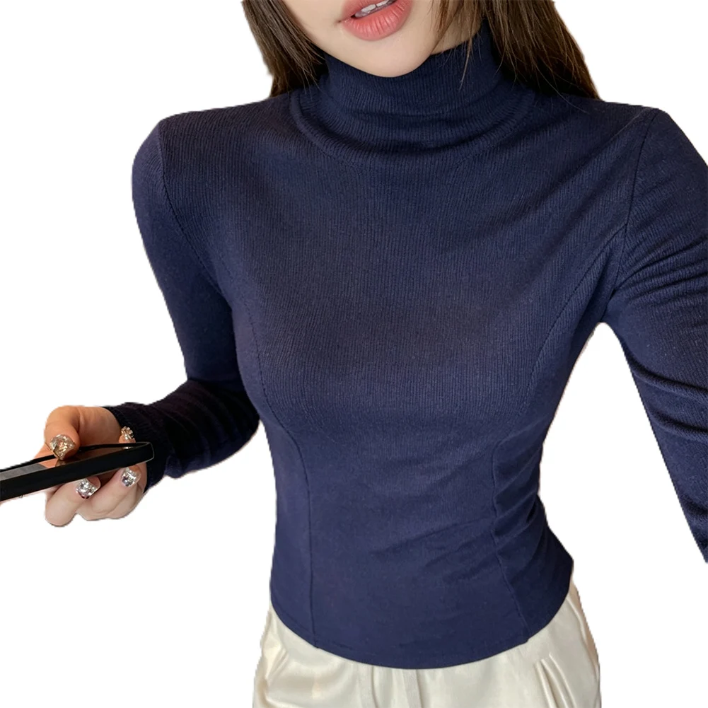 Women's Solid Color 1semi -high Neck Threaded Splicing Long Sleeved T-shirt Base Shirt Spring And Autumn Seasons Tops