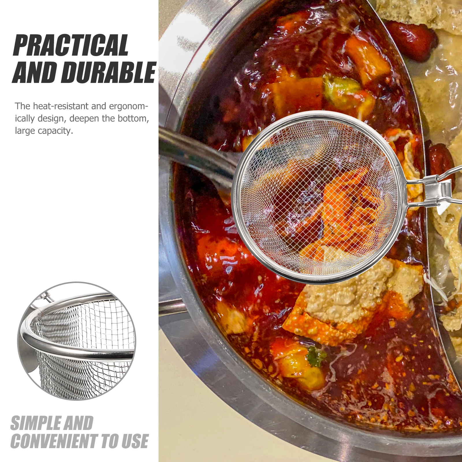 

1pc Stainless Steel Noodle Strainer Food Serving Strainer Kitchen Filter Spoon Frying Food Colander Basket Ergonomic Heat