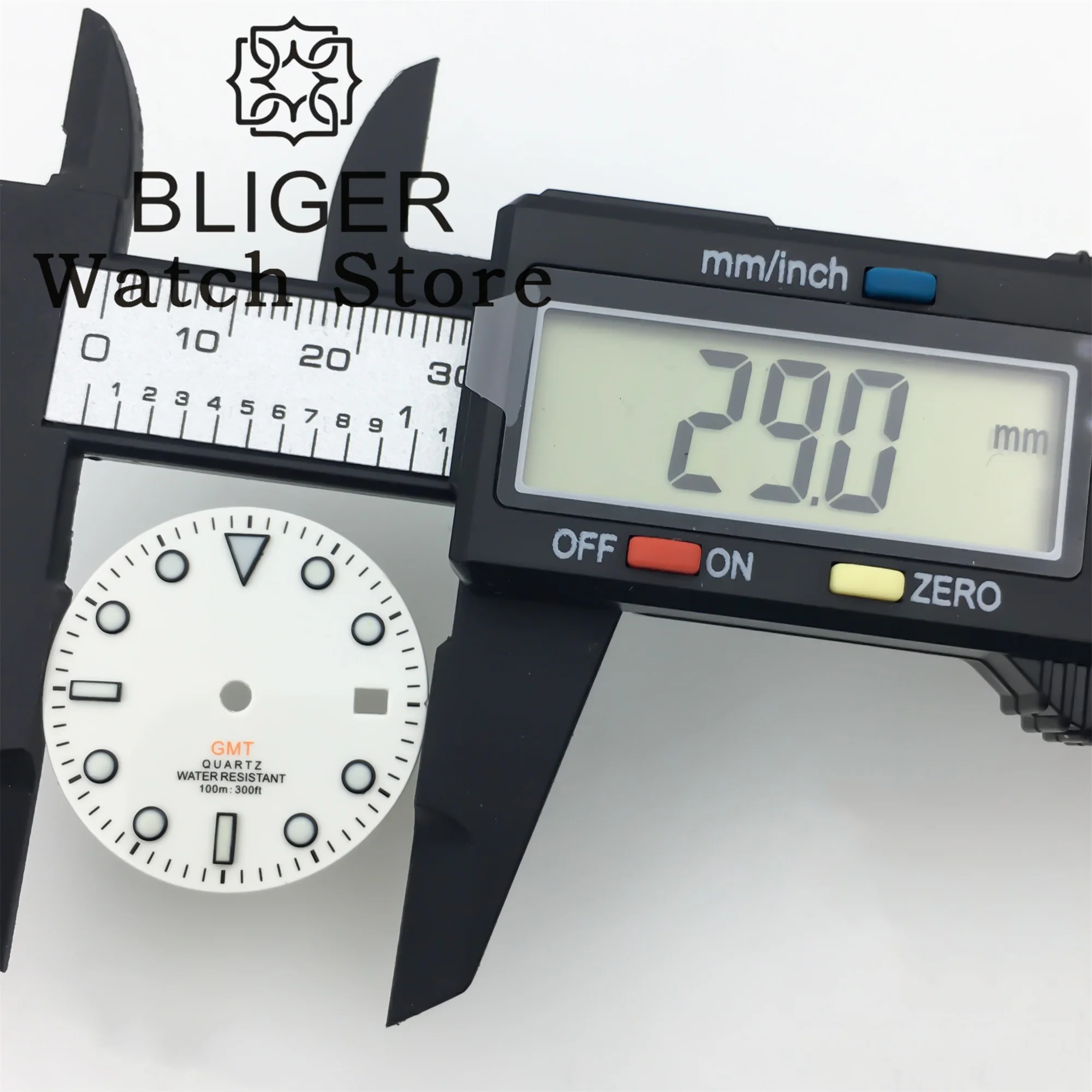 BLIGER 29mm RONDA 515 Quartz Watch Dial Black White Dial With Hands Green Luminous Fit RONDA 515-24H GMT Quartz Movement