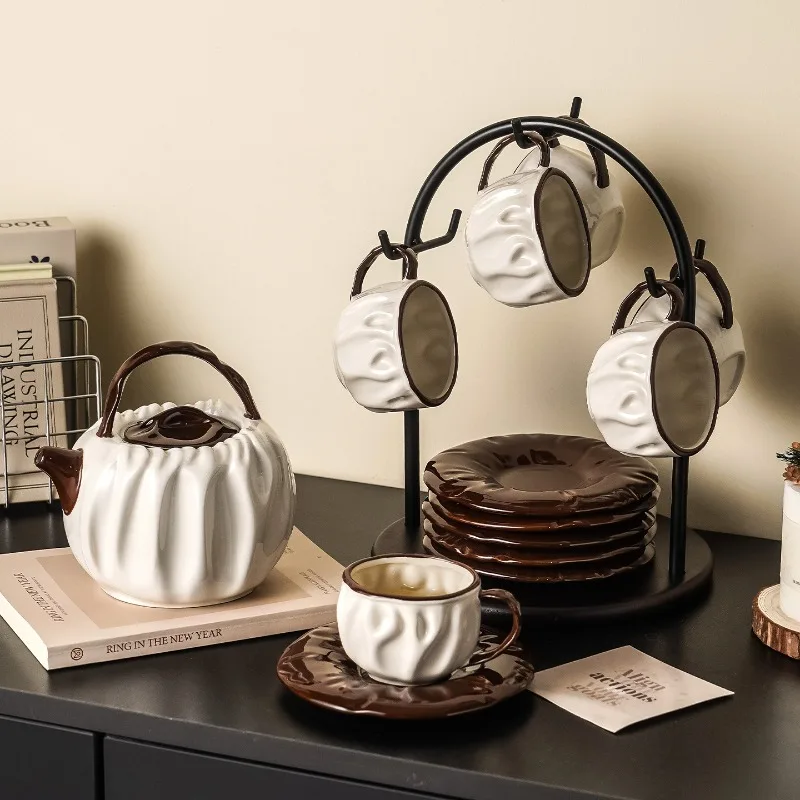 

Korean Retro Pleated Ceramic Coffee Tea Set Creative Cups Saucers Kettles Water Containers Home Bar Counter Decorations Ornament