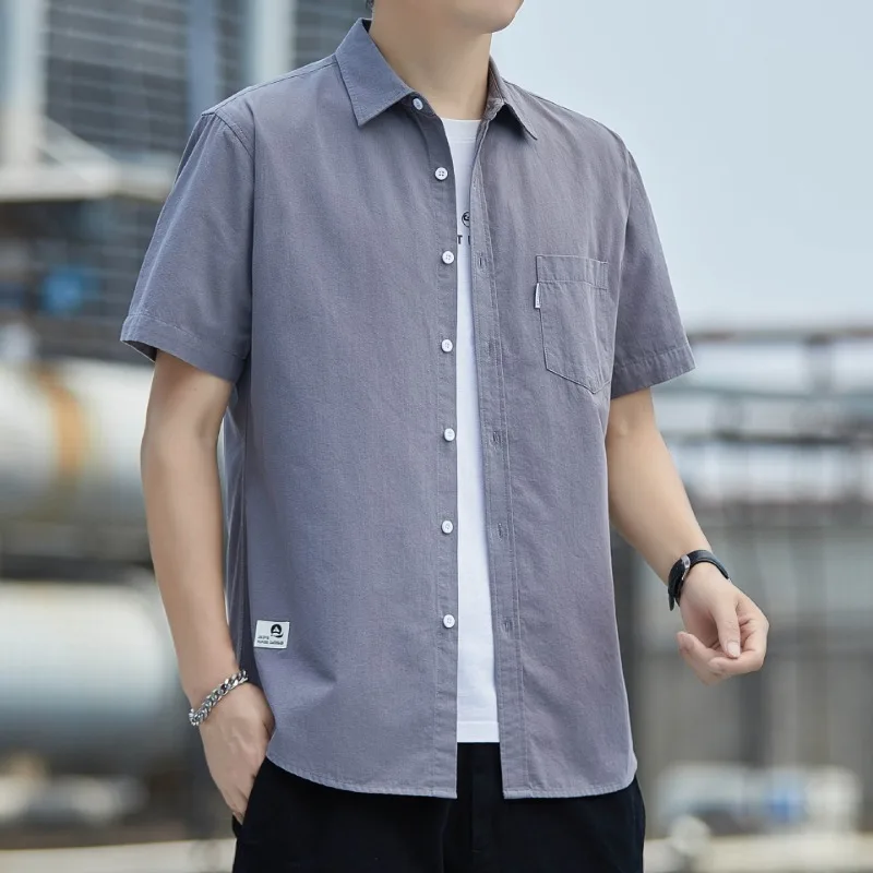 

Men Turn Down Collar Short Sleeve Shirt Casual Loose Fit Pocket Decor Solid Color Cotton Tops