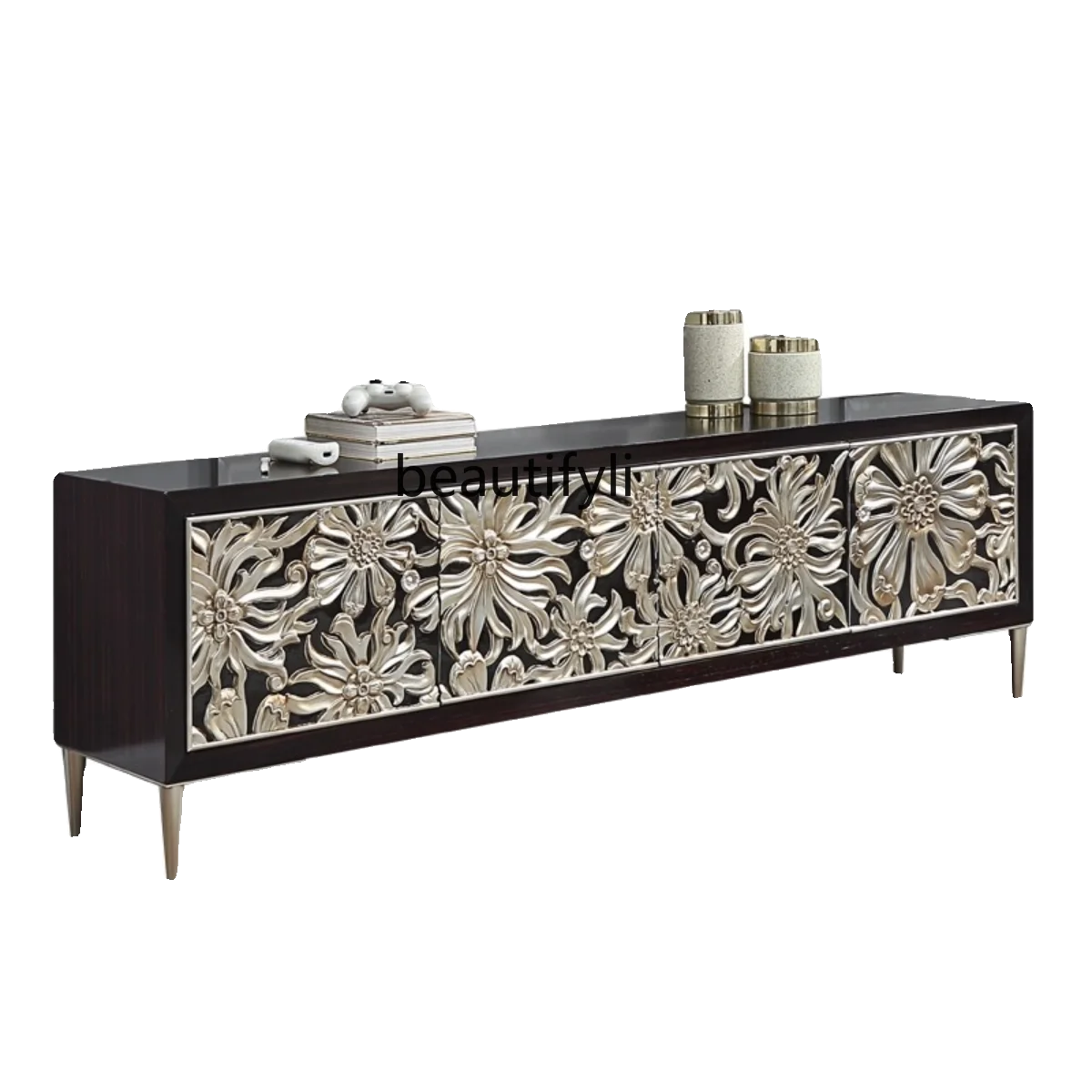 American Light Luxury TV Cabinet and Tea Table Living Room Floor Cabinet Solid Wood European Background Wall Audiovisual Cabinet