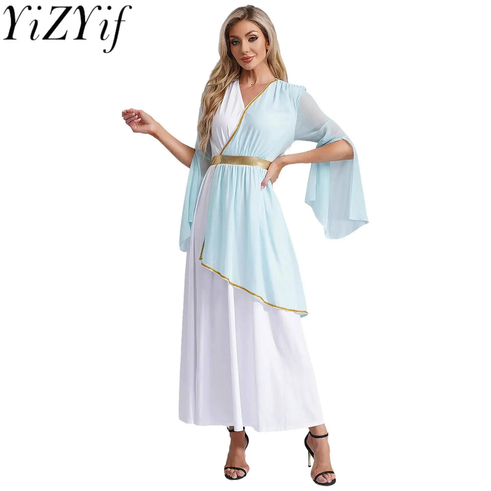 

Women Ancient Greek Roman Egyptian Queen Princess Cosplay Dress Gown Long Sleeve Tunic Dress Halloween Carnival Role Play Outfit