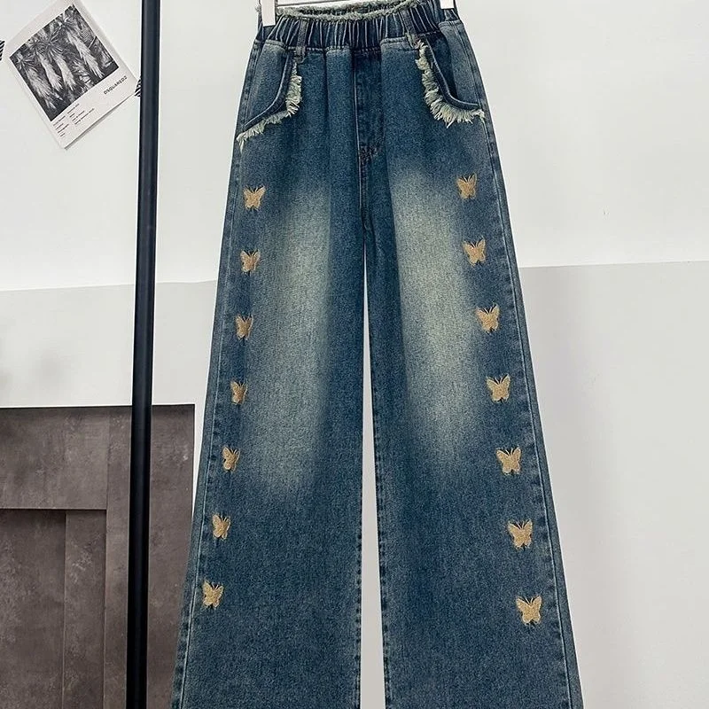 

Женские джинсы, весна 2024, новинка 202, свободная драпировка с высокой талией и тонкая вышивка, широкие брюки большого размера