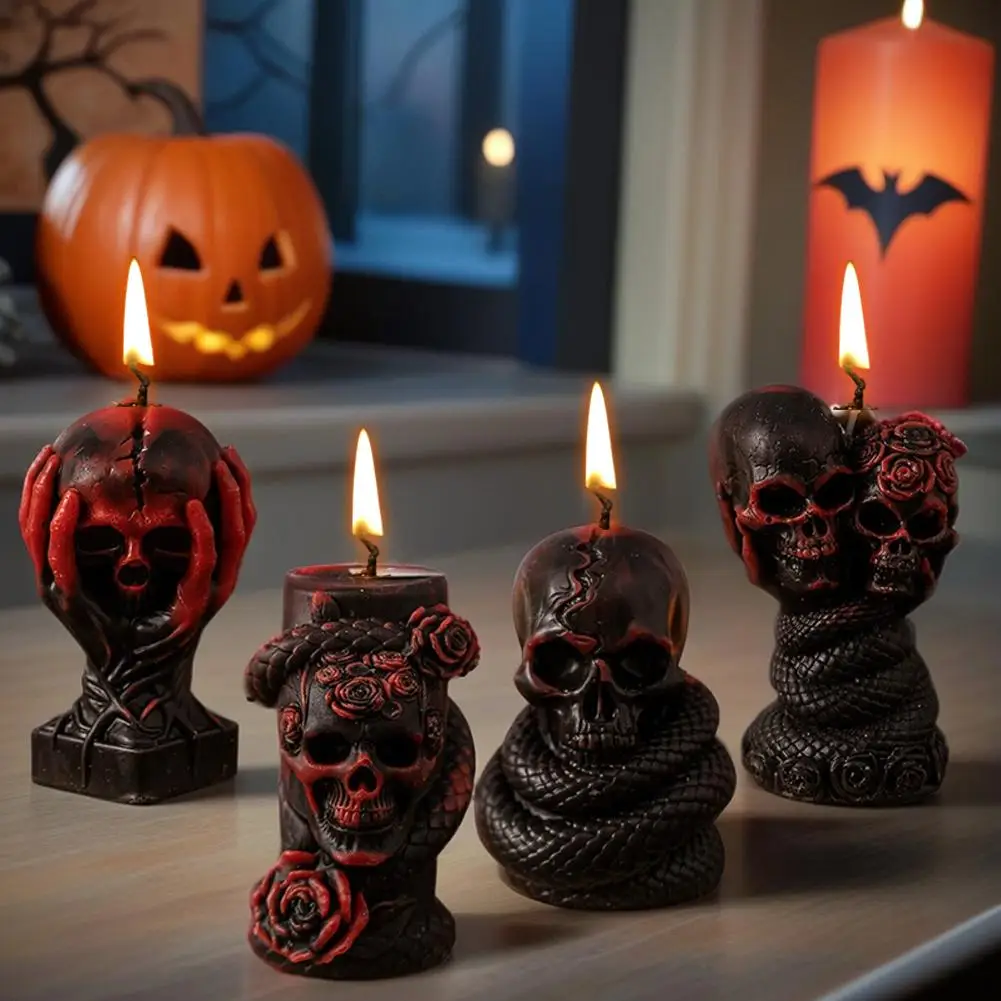 Candela profumata in cera con pilastro di teschio di Halloween, ornamento per candela gotica scura