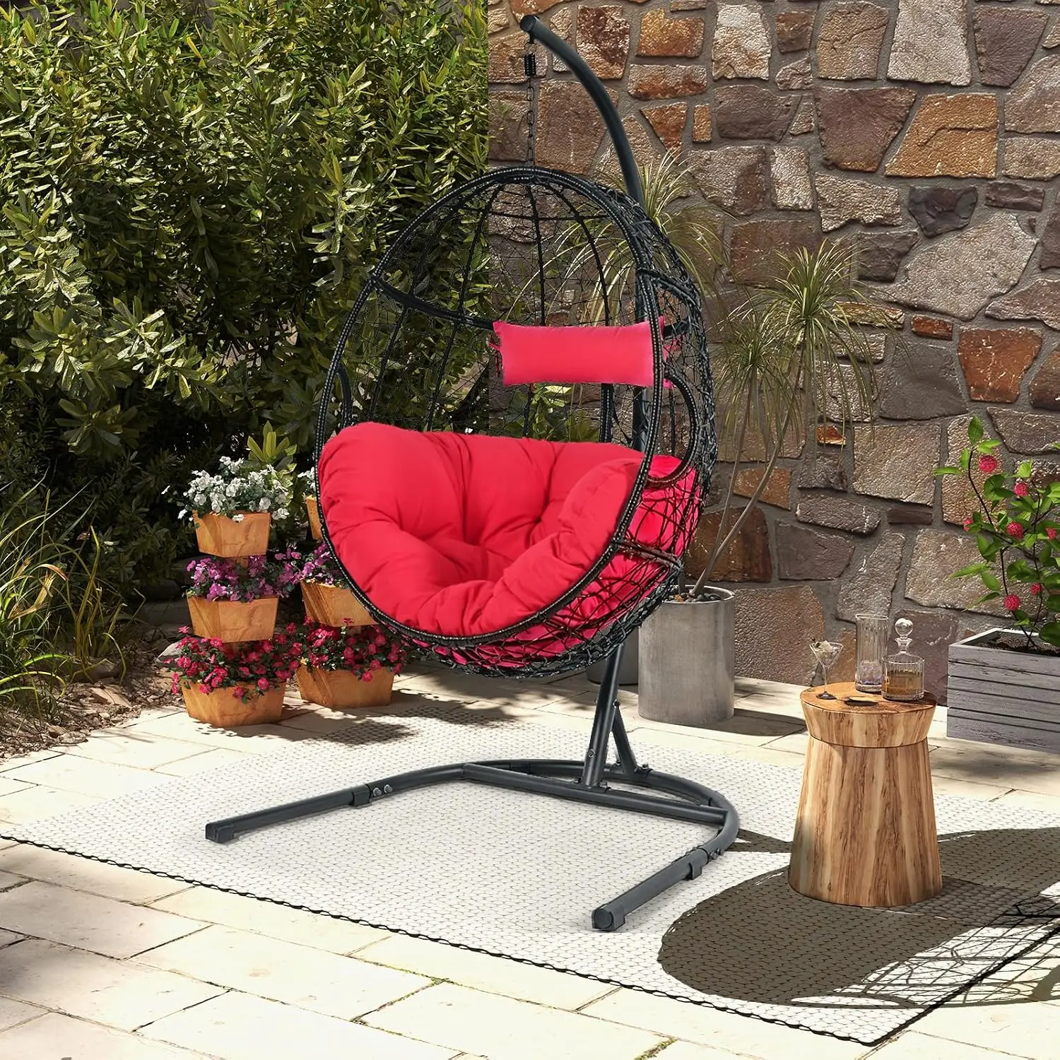 Egg Chair with Stand, Hanging Egg Swing Chair with Removable Seat Cushion & Headrest, All-Weather Indoor Outdoor Hanging PE Wick