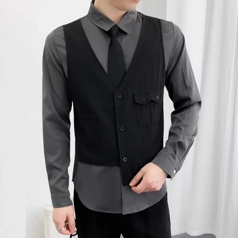 Camisa de dos chalecos falsos de manga larga para hombre sin corbata, camisas de vestir ajustadas con botones para negocios a la moda, ropa de calle de talla grande