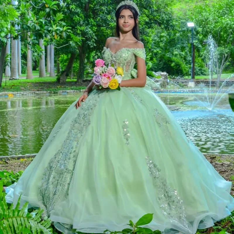 

Mint Green Quinceanera Dress crystal Sequins Flower Decal Lace layering Long tail Bow Vestidos De 15 Quinceanera ﻿Customize