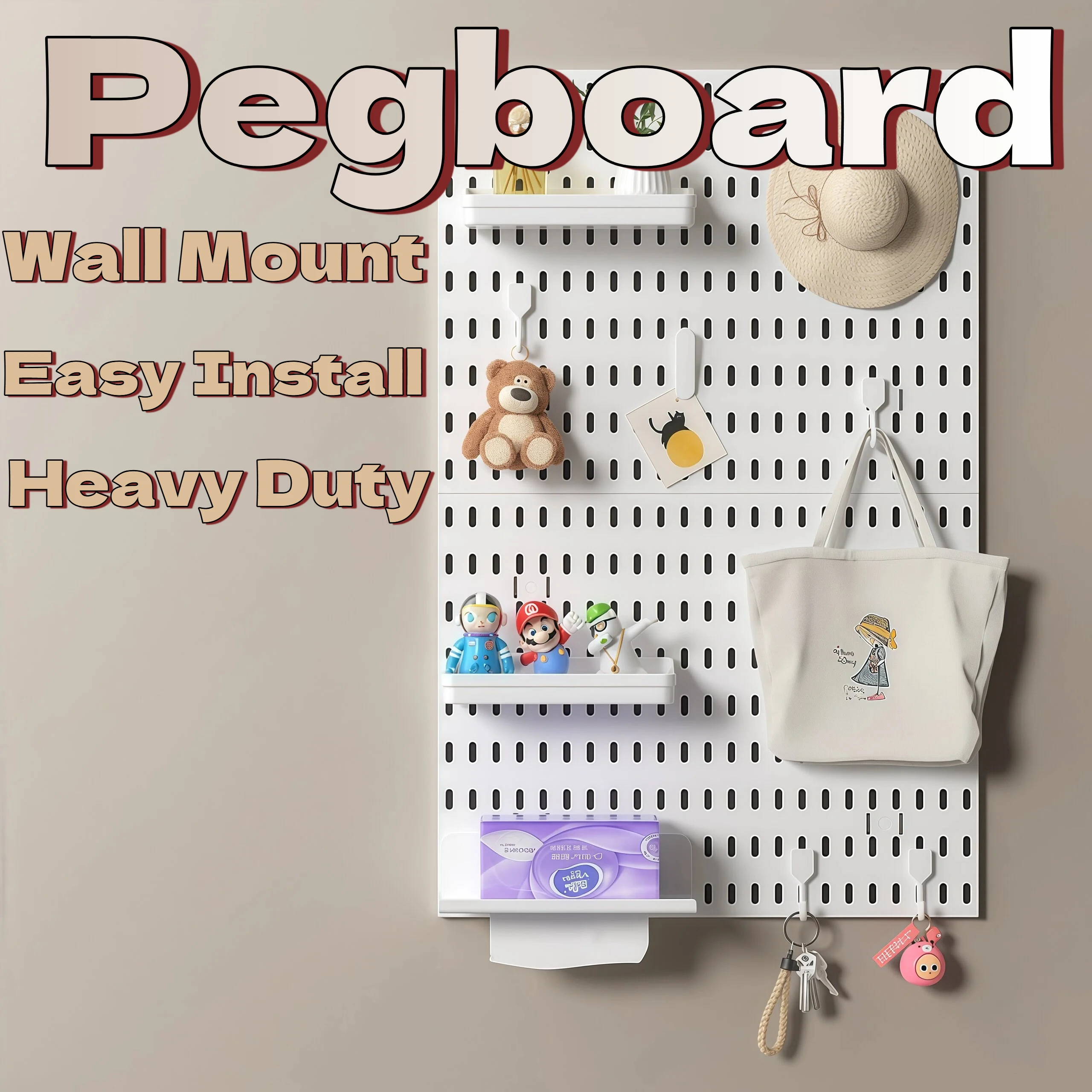 PP Pegboard Wall Mounted for Entryway Hallway, Hole Board with Hooks Tray for Keys Wallet Small Items, Black White