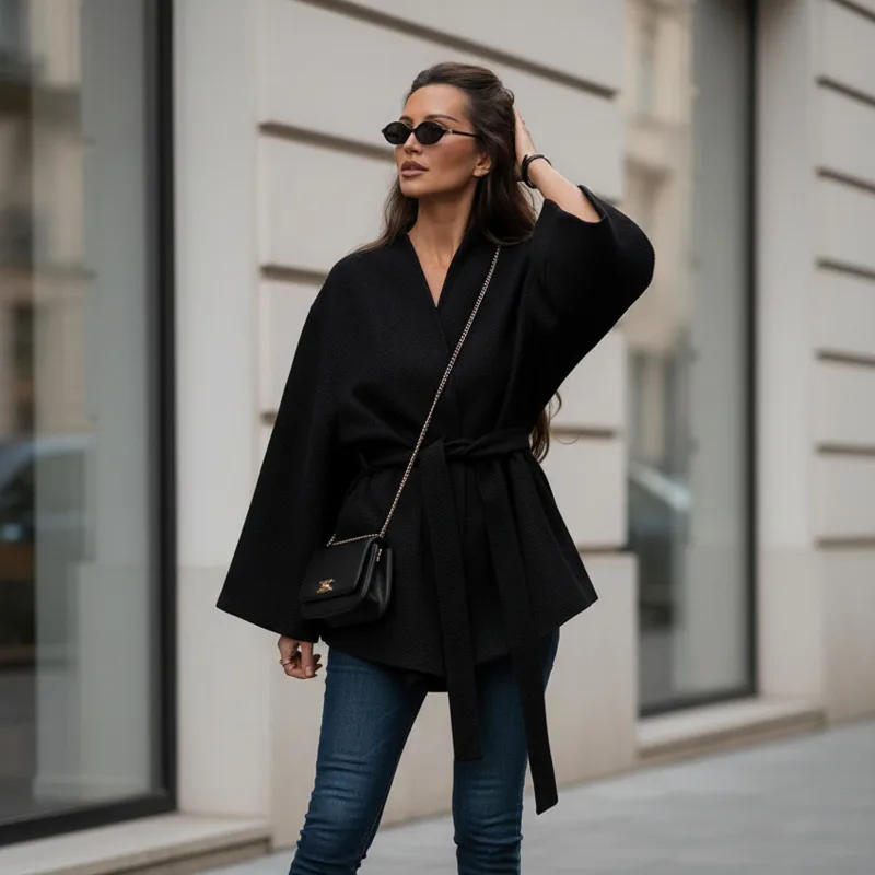 

Stylish Women’s V Neck Wrap Jacket With Tie Waist Relaxed Long Sleeves Soft Comfortable Fabric Perfect For Casual Fall Outfits