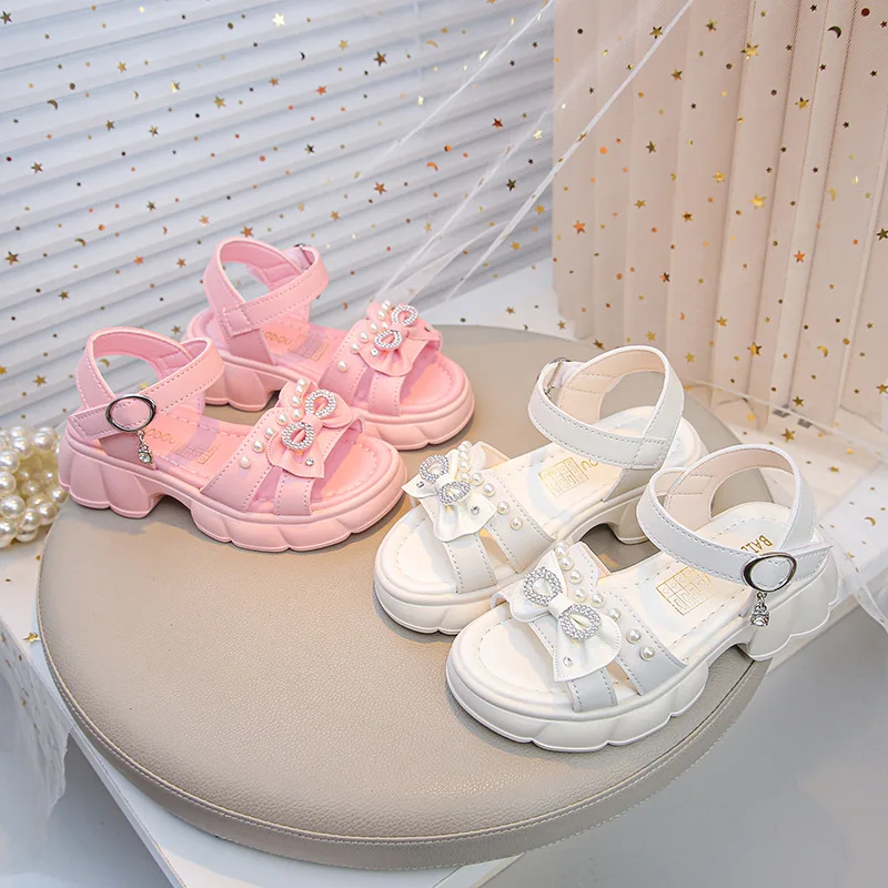 

2026 Summer New Bow Girls' Sandals Comfort Anti Slip Kids Thick Bottom Beach Shoes Simple Versatile Child Water Diamond Sandals