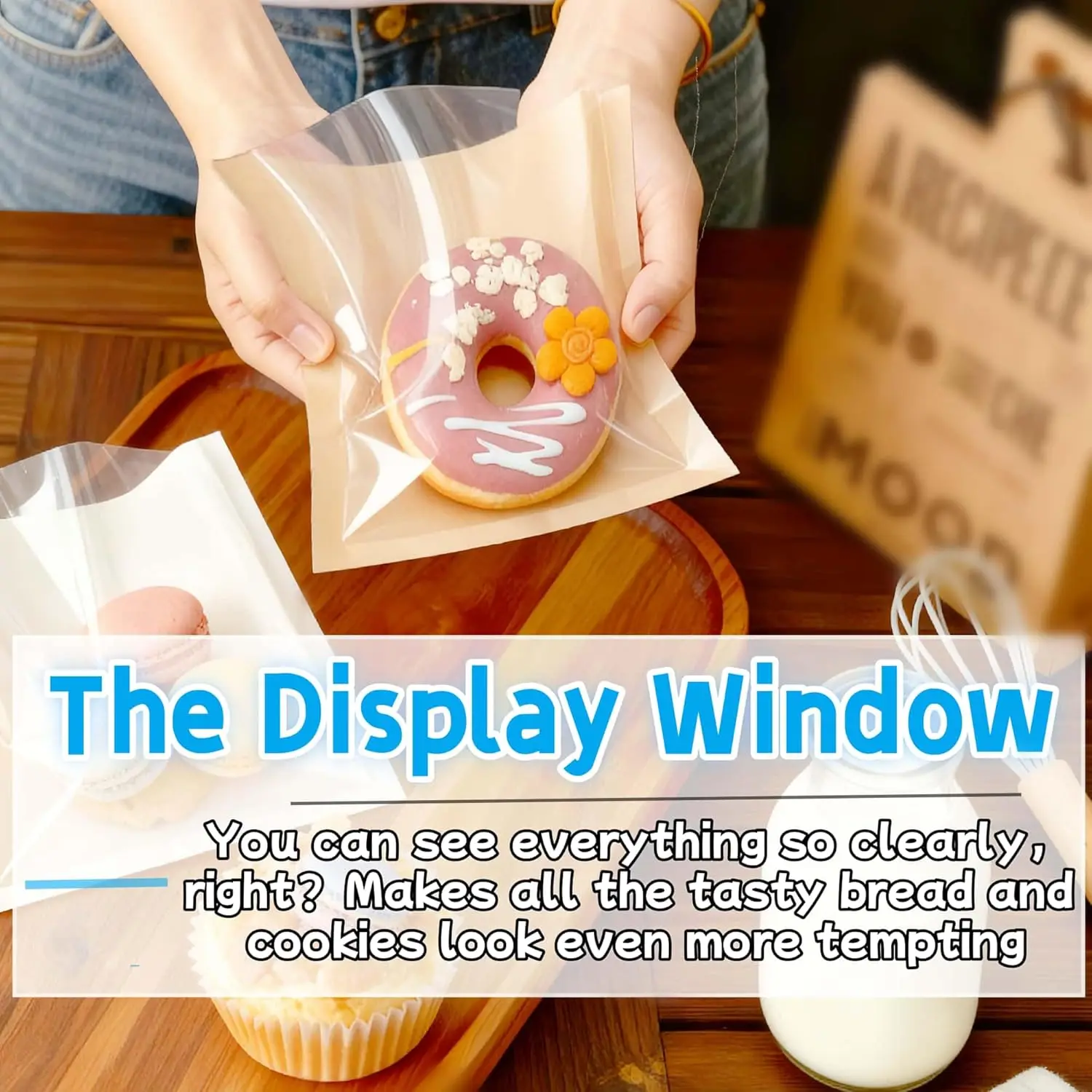 ถุงคุกกี้ขนาด 7.1x7.5 นิ้ว พร้อมหน้าต่างและสติกเกอร์ 100 แพ็ค ถุงกระดาษสีน้ำตาลสำหรับเบเกอรี่ ทนน้ำมัน ปิดผนึกได้ สำหรับใส่ขนมปัง