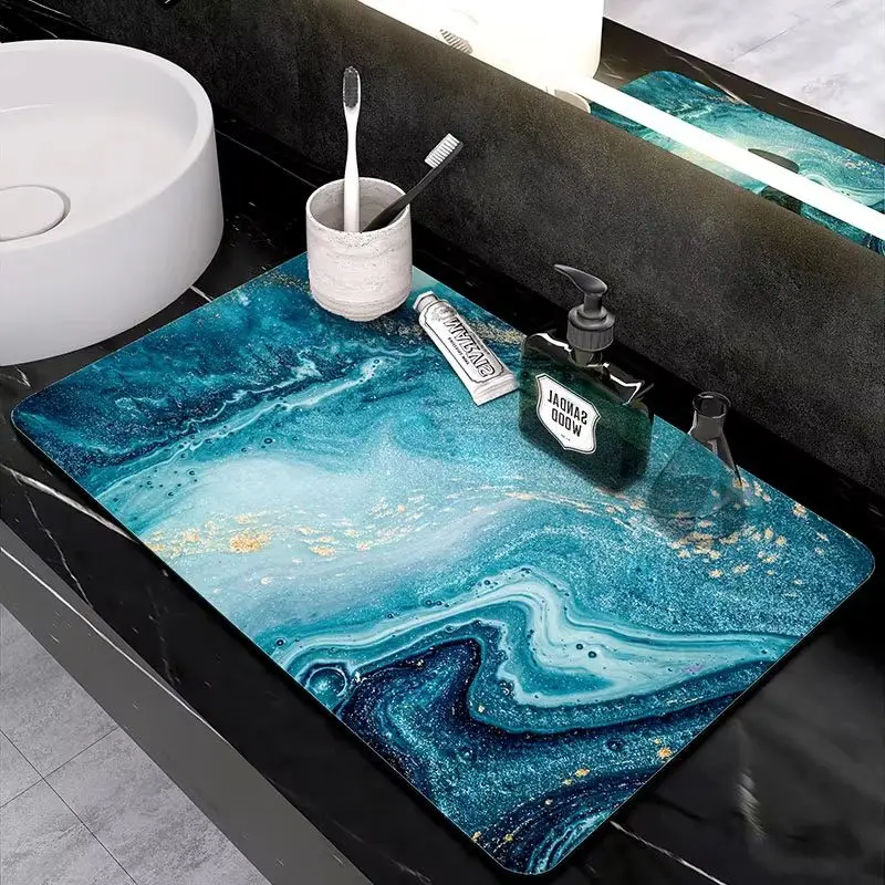 VIKAMA Luxury Grey Fluid Marble Mat Absorbent Non Slip Kitchen Bathroom Pad Gold Vein Print Counter Protector Bar Decor