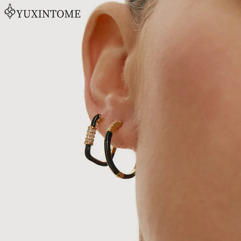 925 Sterling Silver Ear Needle Geometric Black Zircon Hoop Earrings For Women Ear Buckle Fashion High-end Jewelry Accessories