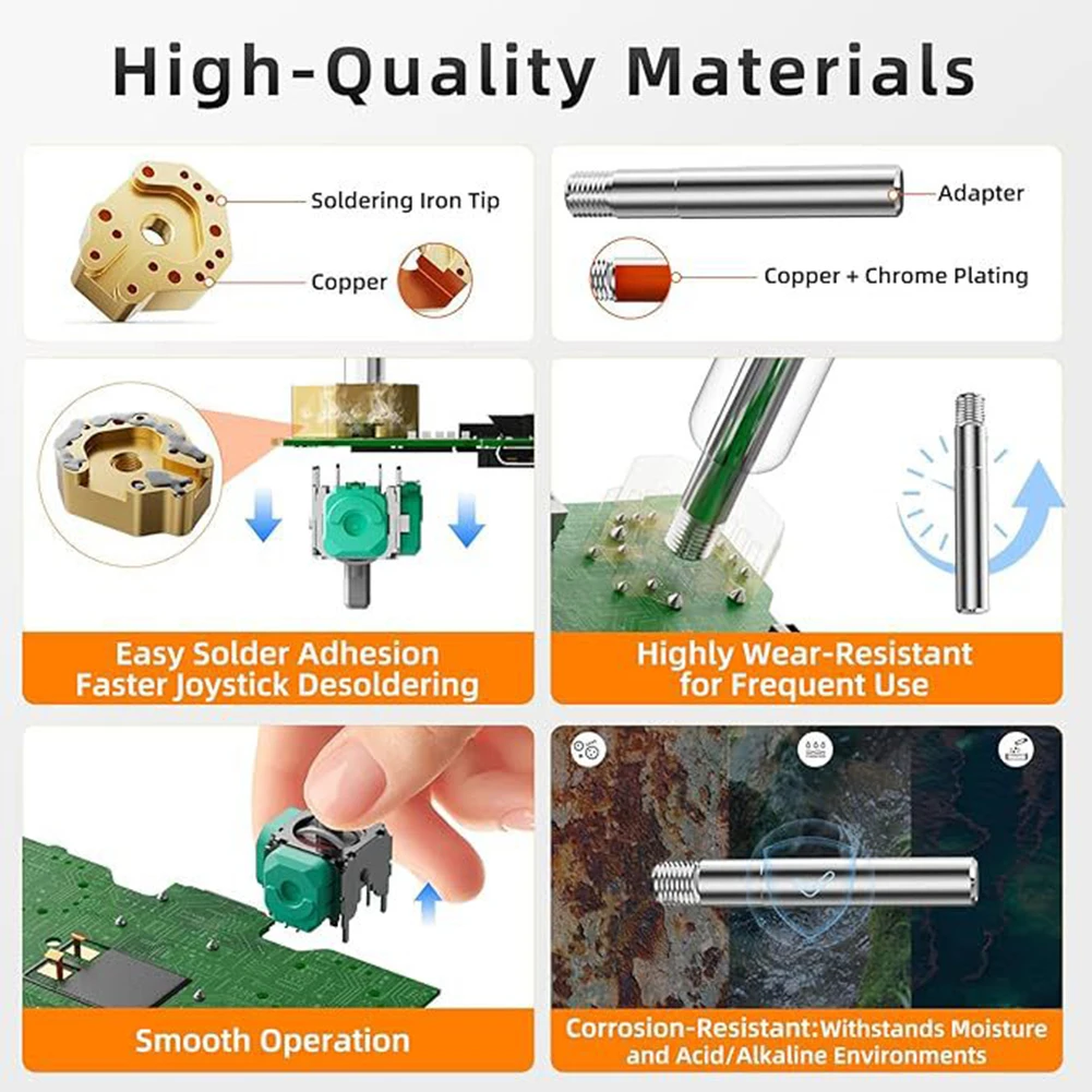

Хромированный медный паяльный наконечник в комплекте с прецизионным адаптером для минимизации повреждений печатных плат при ремонте джойстиков