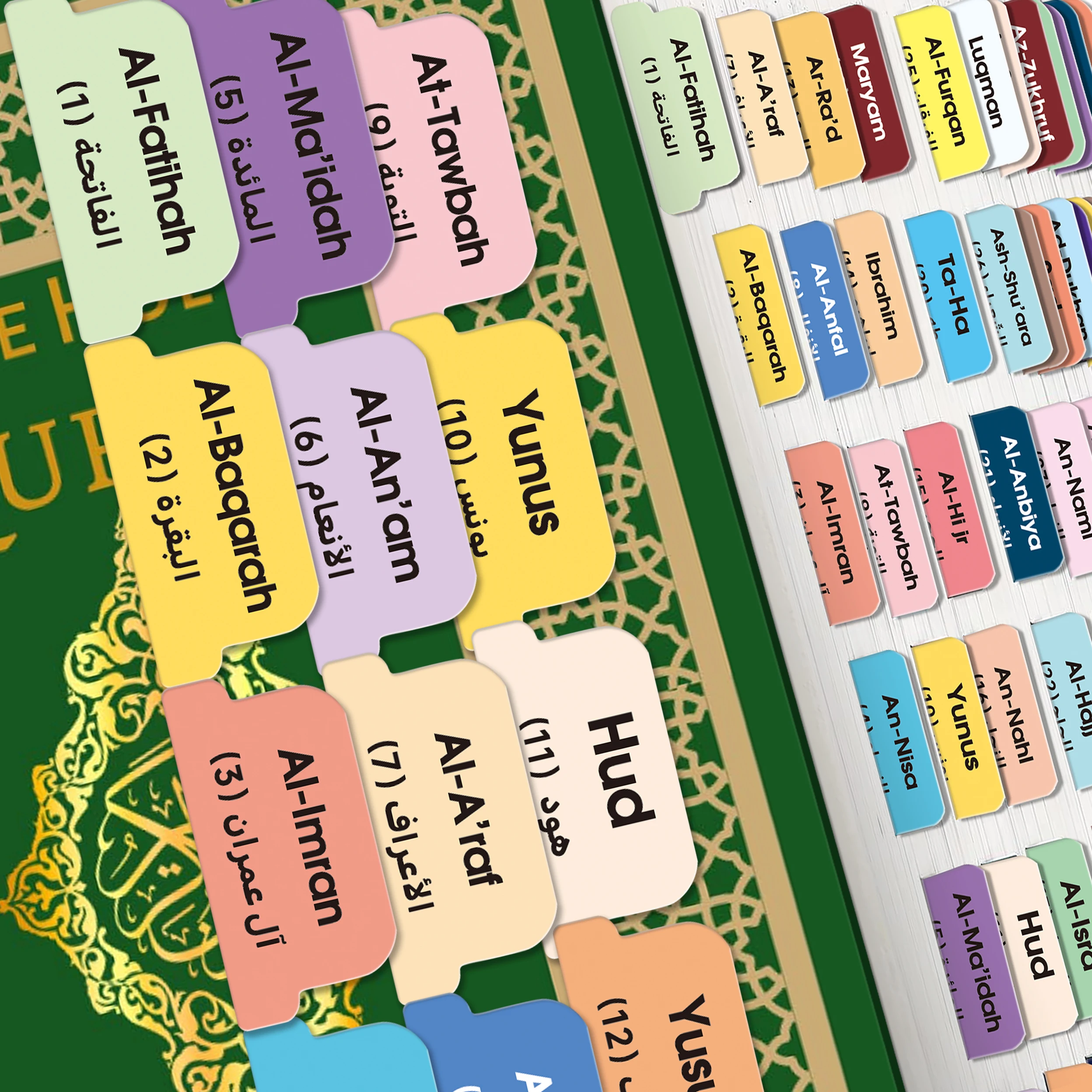 125 Quran Chapter Tabs in English&Arabic-114 Surah Labels&11 Blank Tabs, Colorful Islamic Study Accessories for Quran Journaling