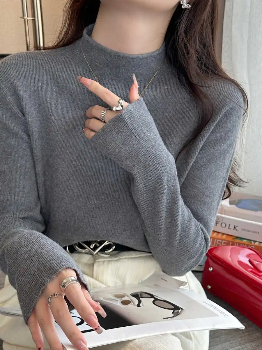 Gebreide Trui Vrouwen Vesten Nieuwe Lange Mouw Mock Hals Witte Gebreide Trui Vest Vrouwen Tops Knitwears Sueters De Mujer Q972