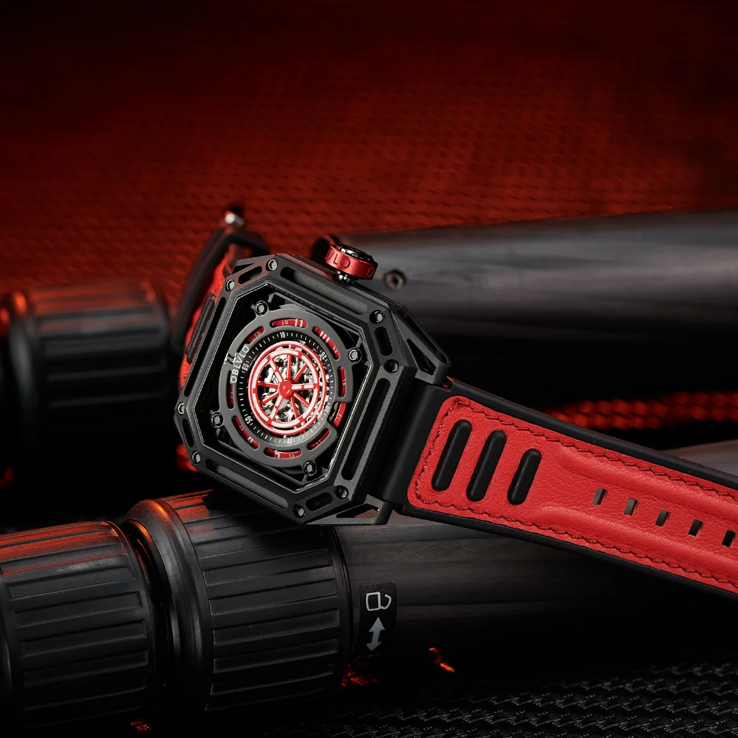 مستطيل فاخر أسود ساعة رياضية للرجال الذاتي الرياح الميكانيكية ساعة أوتوماتيكية مقاوم للماء مربع كول ساعة مضيئة المطاط AK