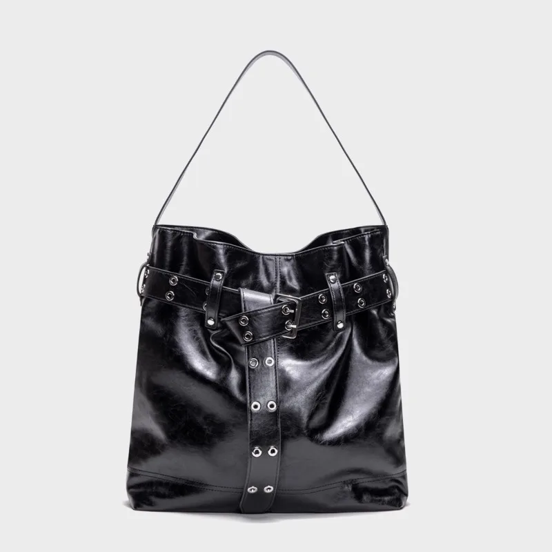 

Y2K Large Capacity Oil Wax Leather Bucket Shoulder Bag Vintage Motorcycle Style Belt Buckle Design Women's Casual Soft Tote Bag