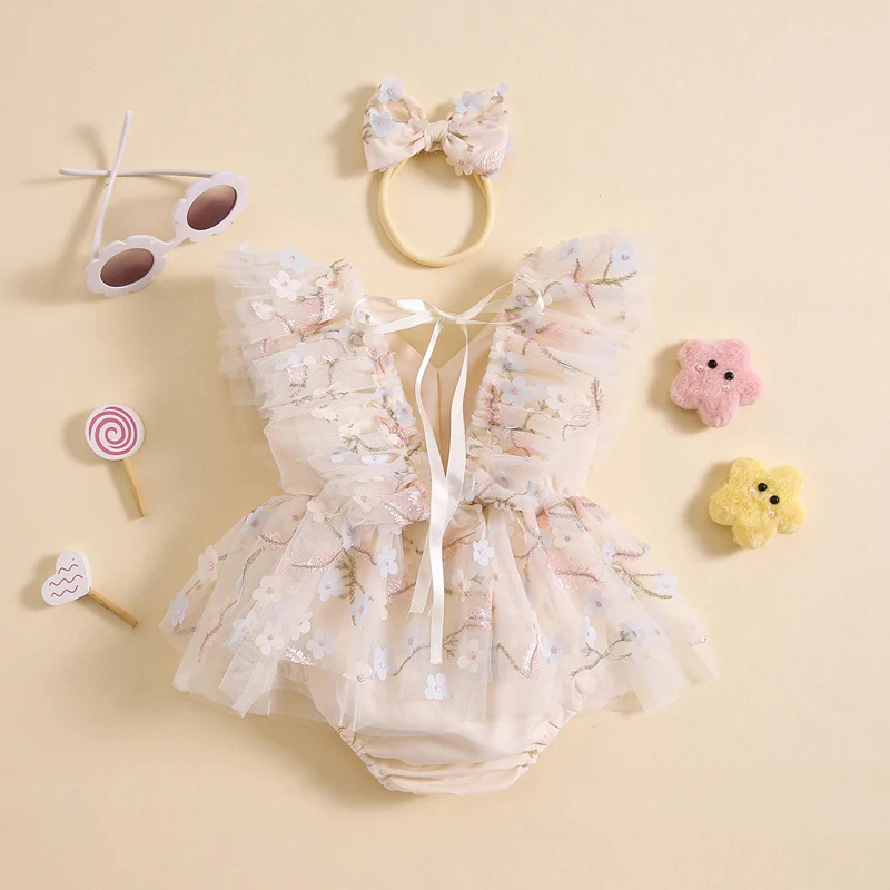 Baby Girls Rompers Dress Flower Embroidered Fly Sleeve Mesh Skirt Hem Infant Bodysuits Summer Clothes with Headband