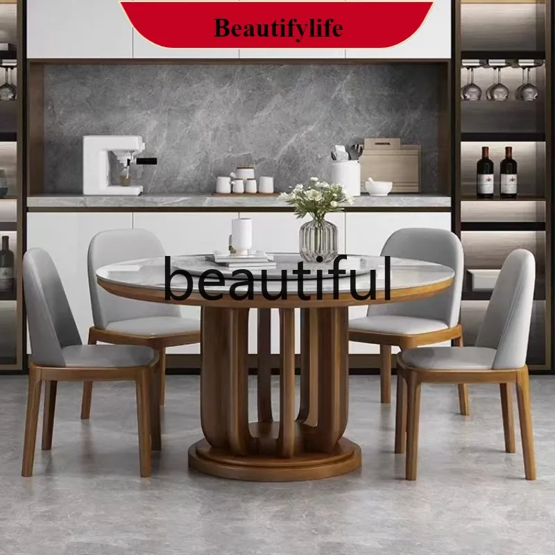 G153 Rock slab dining table and chair combination solid wood round with turntable household all solid wood turntable dining tabl
