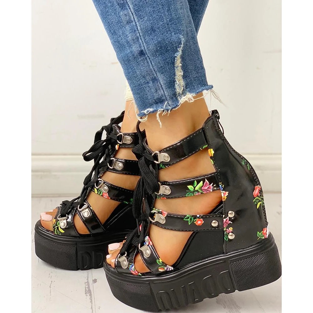 Fashion Women Floral Print Lace-Up Cut Out Wedge Sandals Cover Heel Pu Patchwork Summer Shoes