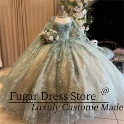 Elegant Sage Green Princess Quinceanera Dress Fashion lace Sweetheart Neck Tie Shawl Party Ball Gowns vestidos de 15 quinceañera