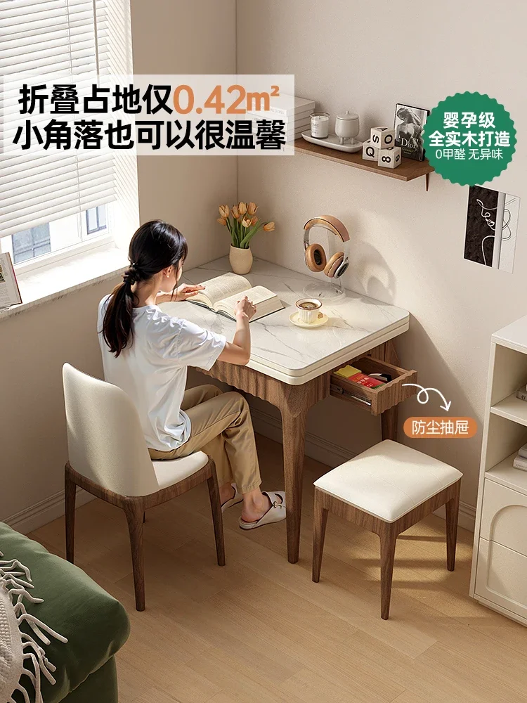 Solid wood rock slab folding dining table dining chair combination space saving household small