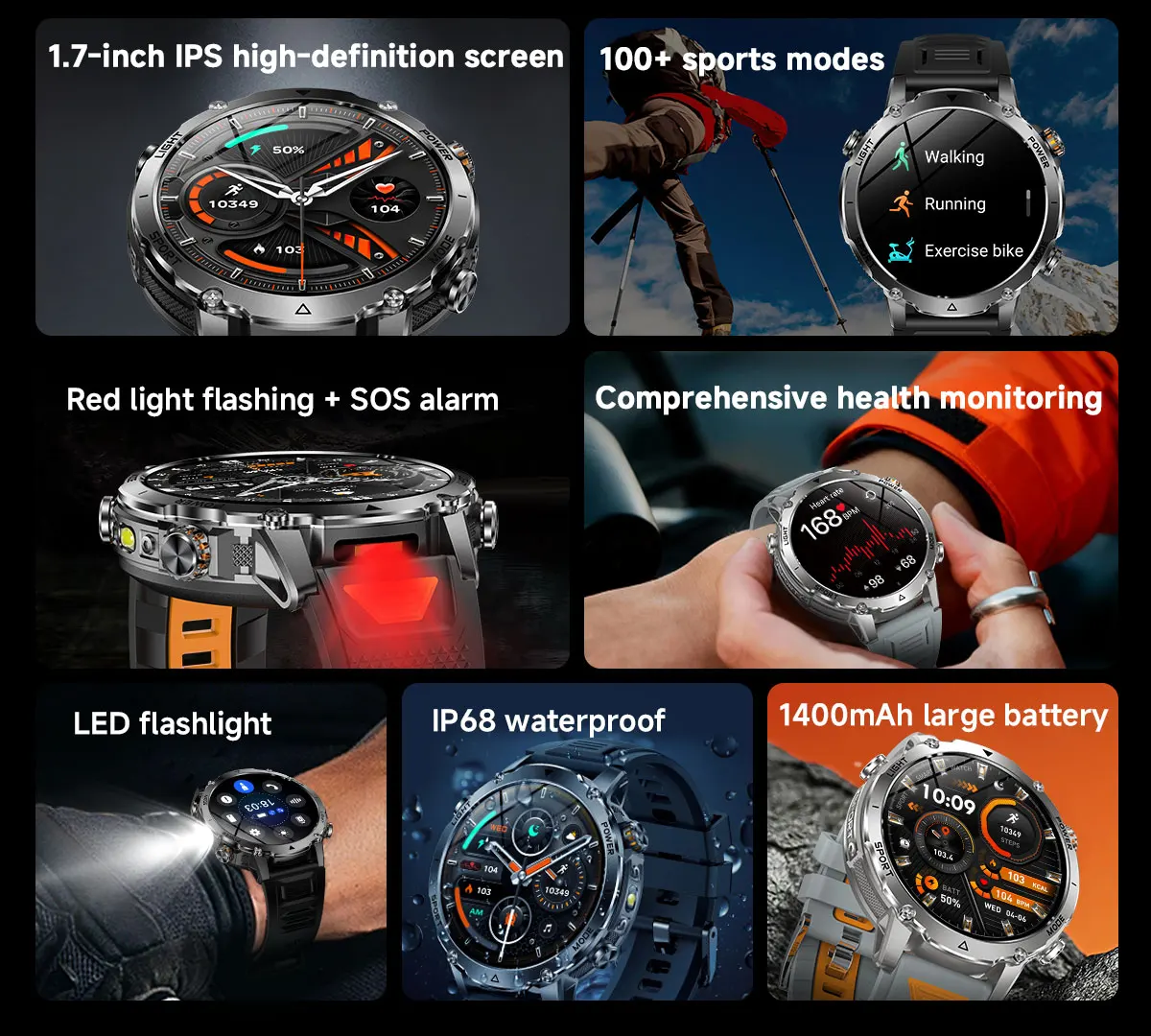 Robuste und langlebige 1400mAh Batterie Smartwatch für Herren Outdoor-Taschenlampe IPX8 Wasserdicht Herzfrequenzmessung Drahtlose Anruffunktion Sportarmbänder – Detail 2