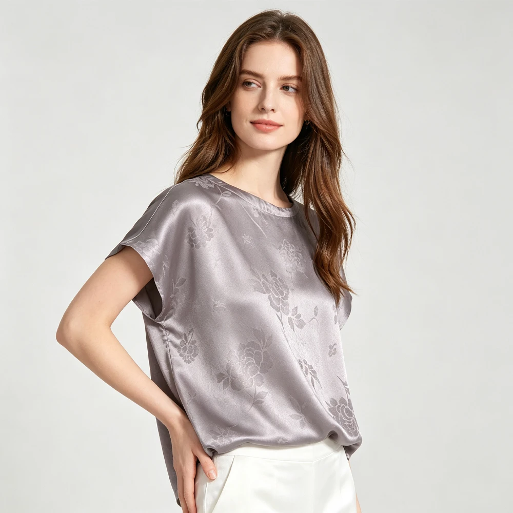 2026 Women's Summer New Grey Peony Flower 100% Natural Mulberry Silk Jacquard Satin Versatile Round Neck Short Sleeve T-shirt