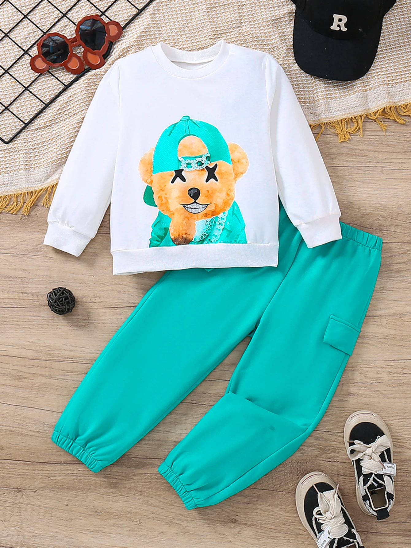 

2pcs Set Autumn & Winter Children's Long Sleeved Pants Set With Cartoon Bear Print Fashion Baby Soft, Comfortable And Warm Cloth