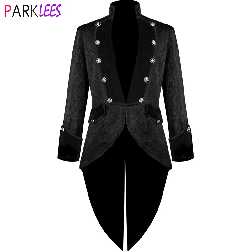 Mens Floral Jacquard Steampunk Tailcoat Jacket Stand Collar Vintage Medieval Pirate Renaissance Tuxedo Coat Costume Homme