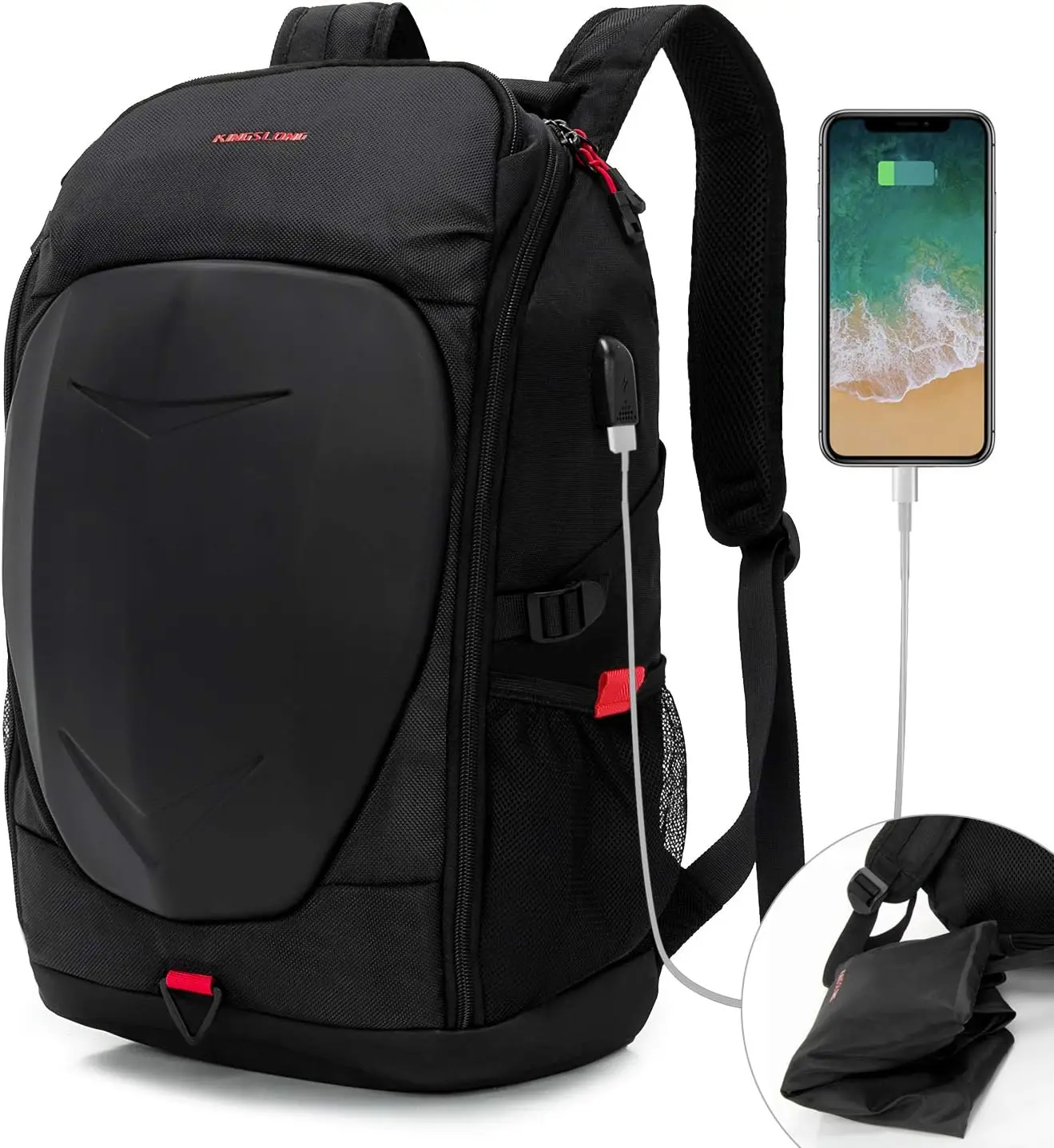 17 Inch Hardshell Laptop Backpack, Waterproof Motorcycle Rucksack Featuring USB Port and Rain Cover, Black